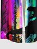 Plus Size Dinosaur UFO Ombre Aurora Print Hawaii Button Pocket Shirt For Men -  