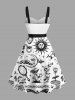 Plus Size Sun Moon Cloud Flower Mushroom Skull Snake Print Halloween Button A Line Dress with Removable Belt -  