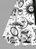 Plus Size Sun Moon Cloud Flower Mushroom Skull Snake Print Halloween Button A Line Dress with Removable Belt -  