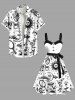 Robe trapèze boutonnée d'Halloween grande taille avec ceinture amovible, motif soleil, lune, nuage, fleur, champignon, crâne, serpent - Blanc 1X