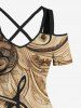 Plus Size Ombre Vintage Flower Music Symbol Print Cold Shoulder Crisscross A Line Maxi Dress -  