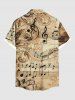 Chemise grande taille à imprimé floral vintage ombré et symbole musical avec poche boutonnée pour homme - café S