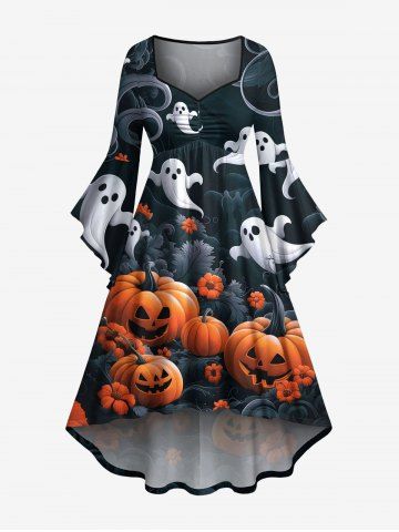 Plus Size Halloween Pumpkin Ghost Flowers Print Ruched Flare Sleeves High Low Dress - BLACK - 6X