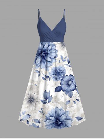 Plus Size Flowers Print Surplice Hawaii Cami Dress - BLUE - 6X