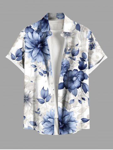 Plus Size Flowers Print Buttons Pocket Hawaii Shirt For Men - WHITE - 2XL