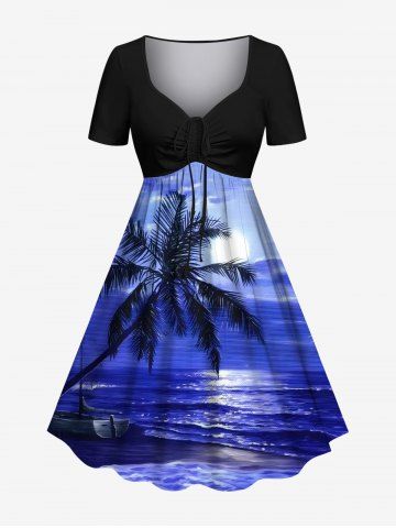 Plus Size Coconut Tree Boat Seascape Cloud Print Cinched Hawaii Dress - SKY BLUE - 3X