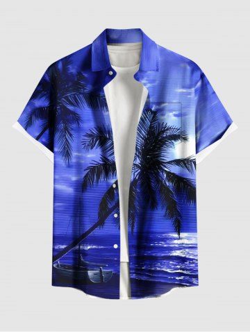 Plus Size Coconut Tree Boat Seascape Cloud Print Buttons Pocket Hawaii Shirt For Men - BLUE - M