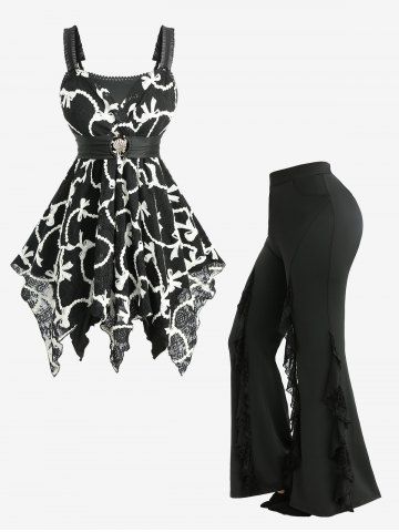 Bowknot Embroidery Surplice Tank Top and Lettuce Spider Web Flocking Flare Pants Plus Size Outfit