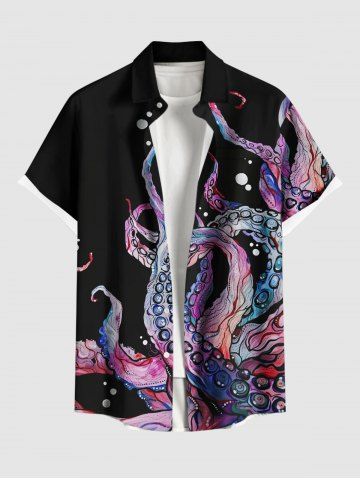 Plus Size Colorful Octopus Dots Print Buttons Pocket Hawaii Shirt For Men - BLACK - 6XL