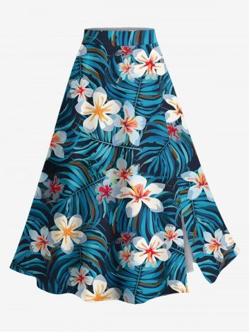 Plus Size Hibiscus Flowers Tropical Leaf Print Split Hawaii Skirt - BLUE - L