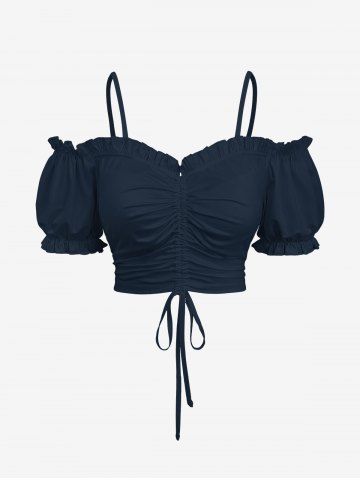 Plus Size Cinched Ruched Ruffles Cold Shoulder Cami Top - MIDNIGHT BLUE - 6X