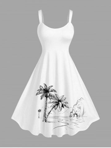 Plus Size Coconut Tree Mountain Seascape Print Hawaii Tank Dress