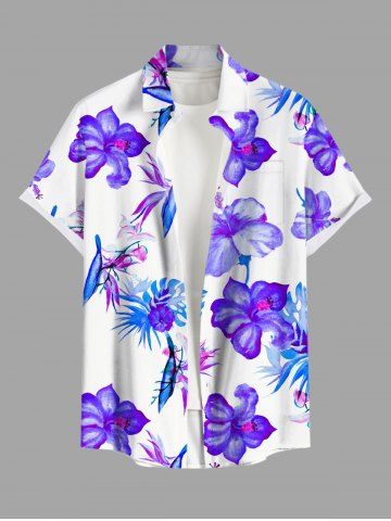 Plus Size Hibiscus Flowers Tropical Leaf Print Buttons Pocket Hawaii Shirt For Men - WHITE - 2XL