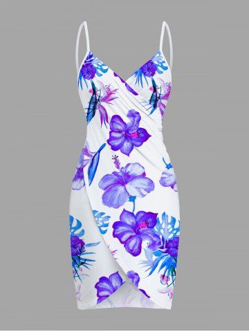 Plus Size Hibiscus Flowers Tropical Leaf Print Convertible Hawaii Beach Cover - WHITE - 6X