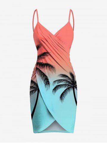 Plus Size Coconut Tree Ombre Colorblock Print Convertible Hawaii Beach Cover - LIGHT PINK - L