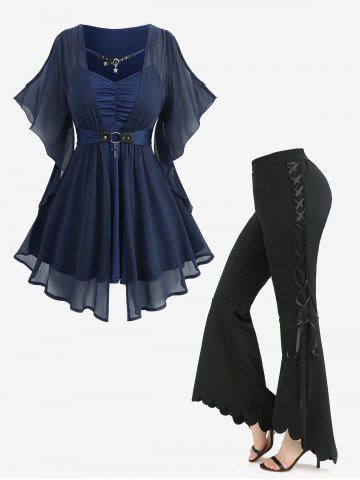 Chiffon Textured Ruched O-Ring Cross Belted Blouse and Lace Up Scalloped Asymmetric Flare Pants Plus Size Outfit