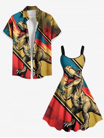 Dinosaur Colorblock Patchwork Print Plus Size Matching Outfit For Couples