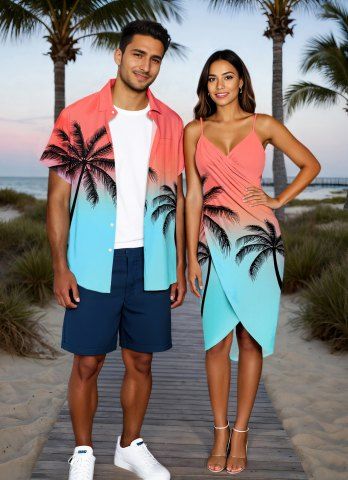 Coconut Tree Ombre Colorblock Print Plus Size Matching Hawaii Beach Outfit For Couples - LIGHT PINK