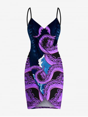 Plus Size Octopus Sea Waves Print Hawaii Convertible Beach Cover Up - CONCORD - XXS