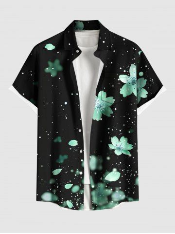 Plus Size Ombre Flower Petal Galaxy Print Hawaii Button Pocket Shirt For Men - BLACK - 5XL