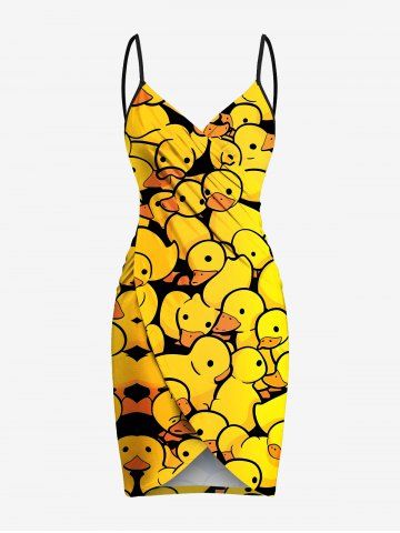 Plus Size Cute Duck Print Hawaii Convertible Beach Cover Up - YELLOW - 2X