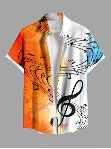 Plus Size Ombre Leaf Music Symbol Print Hawaii Button Pocket Shirt For Men - ORANGE - 6XL
