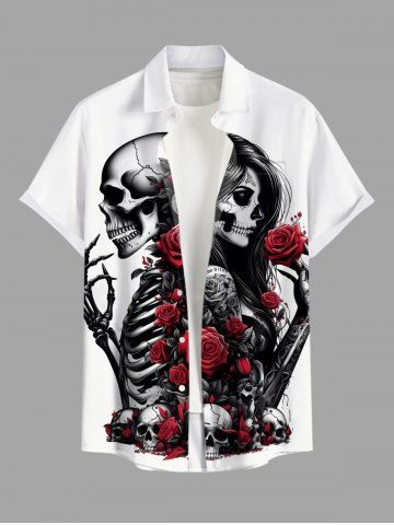 Plus Size Skull Skeleton Lovers Rose Flower Print Halloween Button Pocket Shirt For Men - WHITE - 6XL