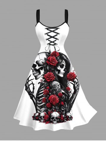 Plus Size Skull Skeleton Lovers Rose Flower Print Halloween Lace Up A Line Tank Dress - WHITE - XXS