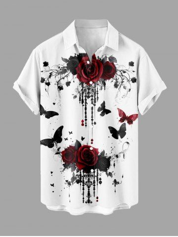 Plus Size Ink Painting Rose Flower Branch Tassel Butterfly Print Halloween Button Pocket Shirt For Men - WHITE - L