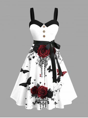 Plus Size Ink Painting Rose Flower Tassel Butterfly Print Halloween Button A Line Dress with Removable Belt - WHITE - 3X