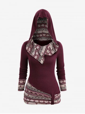 Ethnic Floral Print Ruched Asymmetrical Long Sleeves Hooded Top - DEEP RED - XXXL