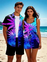 Matching Hawaii Shirt and Romper Plus Size Beach Outfit Coconut Tree Neon Glitter 3D Printed for Couples -  