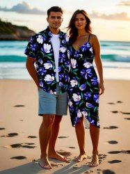 Tenue de plage hawaïenne assortie grande taille à imprimé fleurs et feuilles pour couples - Noir 