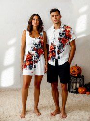 Ensemble chemise et barboteuse d'Halloween grande taille, imprimé tête de mort et rose, pour couple - Blanc 