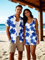 Ensemble chemise et barboteuse hawaïennes assorties, tenue de plage grande taille, imprimé fleurs d'hibiscus aquarelle, pour couples - Bleu Ciel 