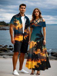 Tenue de plage hawaïenne assortie grande taille à imprimé cocotier et crépuscule pour couples - Noir 