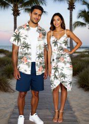 Coconut Tree Hibiscus Flower Sun Boat Print Plus Size Matching Hawaii Beach Outfit For Couples -  