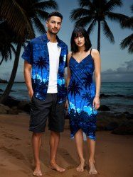 Coconut Tree Sea Ombre Galaxy Print Plus Size Matching Hawaii Beach Outfit For Couples -  