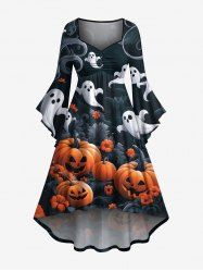 Plus Size Halloween Pumpkin Ghost Flowers Print Ruched Flare Sleeves High Low Dress -  