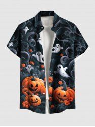 Chemise grande taille à boutons et poches pour homme, imprimé citrouille, fantôme et fleurs d'Halloween - Noir 5XL