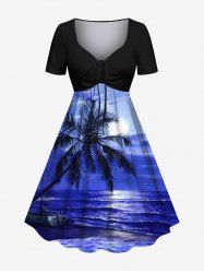 Robe hawaïenne cintrée grande taille à imprimé cocotiers, bateau, paysage marin et nuages - Bleu Ciel 2X
