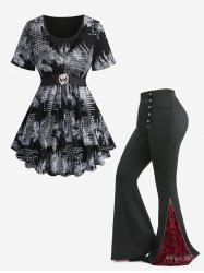 Tenue grande taille avec haut à col tressé et pantalon évasé floqué à imprimé journal tie-dye - Noir 