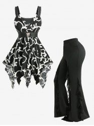 Tenue grande taille avec débardeur brodé à nœud papillon et pantalon évasé floqué en toile d'araignée - Noir 