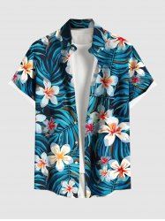 Plus Size Hibiscus Flowers Tropical Leaf Print Buttons Pocket Hawaii Shirt For Men -  