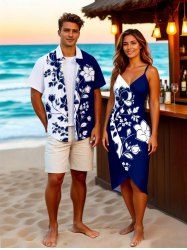 Two Tone Flower Leaf Branch Print Plus Size Matching Hawaii Beach Outfit For Couples -  