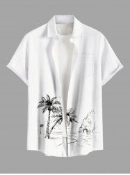 Plus Size Coconut Tree Mountain Seascape Print Buttons Pocket Hawaii Shirt For Men -  