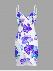 Plus Size Hibiscus Flowers Tropical Leaf Print Convertible Hawaii Beach Cover -  