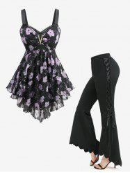 Flowers Watercolor Print Asymmetrical Top and Lace Up Scalloped Flare Pants Plus Size Outfit -  