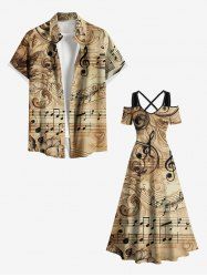 Ombre Vintage Flower Music Symbol Print Plus Size Matching Outfit For Couples -  