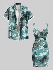 Tenue de plage hawaïenne assortie grande taille, motif cocotier, feuilles tropicales, fleurs d'hibiscus, pour couples - Vert 